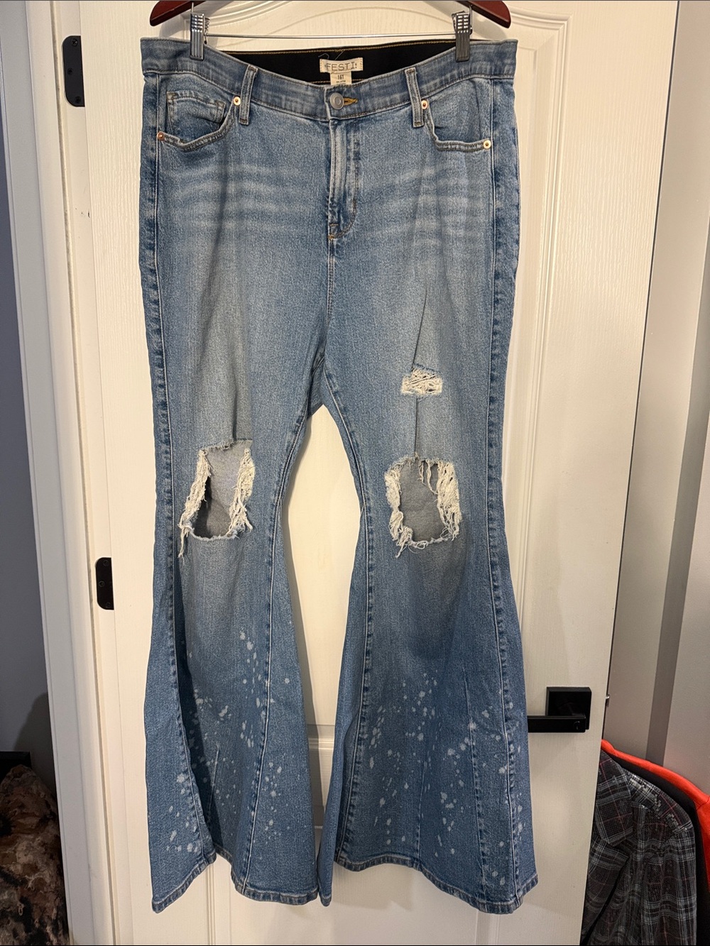 Torrid Festi 16 Tall Light Blue Distressed Super Flare Jeans with Splatter